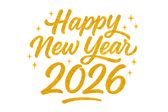 Happy New Year 2026 vector greeting with calligraphic gold glitter text. Festive brush painted lettering with sparkles for holiday card, banner, poster. New Year's Eve design.
