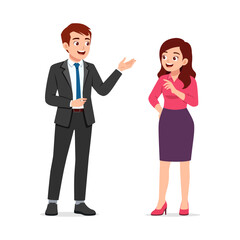 Business man and woman talking and discussing with happy expression in office wear attire