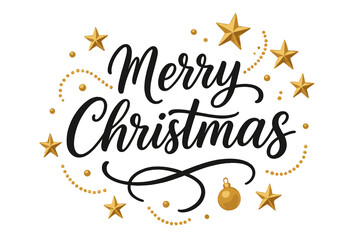 Merry Christmas handwritten calligraphy. Vector greeting card. Happy Xmas holiday concept. Golden stars, bauble, beads decoration. Lettering for banner, poster, invitation.