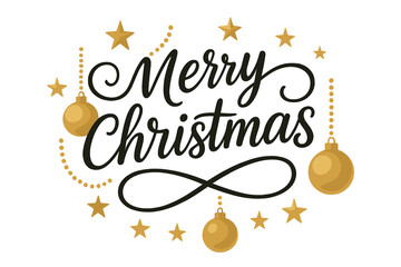 Merry Christmas calligraphic handwritten text. Happy Xmas lettering. Vector illustration with gold stars and baubles. Holiday greeting card design. Festive decoration isolated.