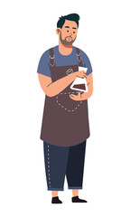 Pixelated Barista In A Brown Apron Holding A Coffee Carafe With A White Background And Simple Art Style