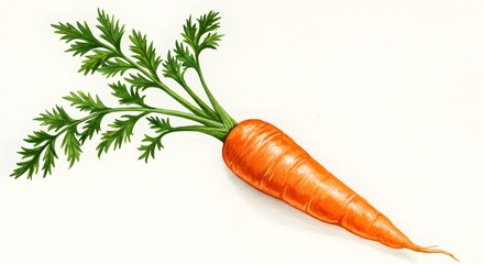 A detailed illustration of a fresh, vibrant orange carrot with lush green leaves on a white background