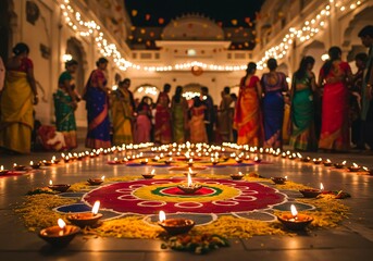 Enchanting Indian festival scene with glowing oil lamps and vibrant rangoli, capturing the rich cultural heritage and community spirit of a traditional celebration