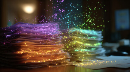 Hyperrealistic ledger pages float above a desk, disintegrating into vibrant neon particles. Dynamic motion and glowing fragments evoke digital transformation, finance, and data in a futuristic aesthet