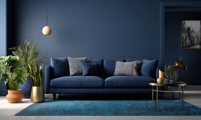 Elegant Blue Living Room with Comfortable Sofa and Plants.