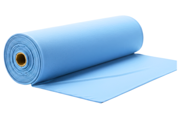 Large roll of light blue textile fabric on a cardboard tube on a transparent background