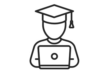 Student in academic cap with laptop. E-learning, online education concept. University graduation, distance learning. Knowledge, studying, web course. Thin line vector icon.