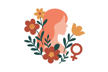 International Women's Day vector illustration. Woman profile silhouette with flowers and female gender symbol. Concept for feminism, women's rights, empowerment, beauty, nature, self care.