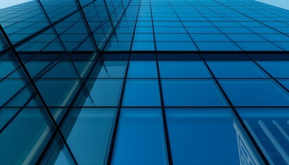 Obraz premium A striking upward view of a modern skyscraper's blue glass facade, reflecting the sky.