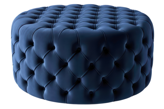 Round dark blue velvet ottoman with classic button tufting on a transparent background