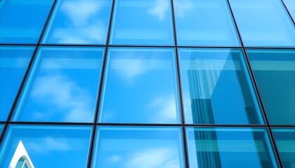 Close-up of a modern building's glass facade reflecting blue sky and clouds.