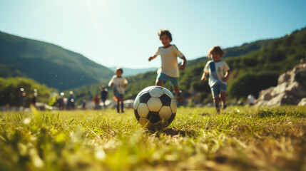 Footballers Kicking Football Match game. Young Soccer Players Running After the Ball. Soccer Stadium in the Background