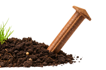 Slow-release plant food fertilizer spike in a pile of soil on a transparent background