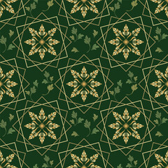 Yellow and gold floral pattern with green leaves and geometric shapes on green background, elegant seamless vector design, classic ornamental motif for fabric, textile, ceramic tile, wallpaper, decora