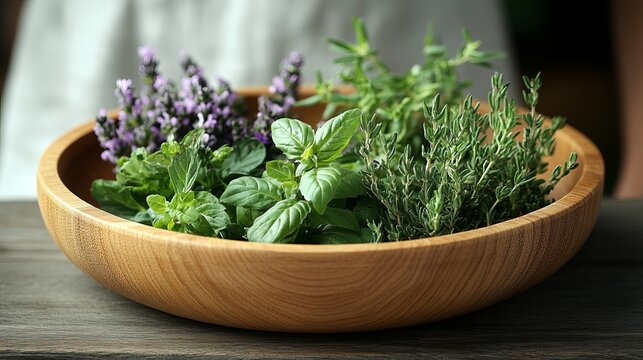 Fresh garden herbs in wooden bowl enhance your culinary creations, adding vibrant flavor and aromatic appeal for a healthy lifestyle and gourmet meals