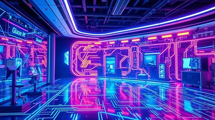 A futuristic showroom displays glowing neon designs and vibrant electronic interfaces, showcasing cutting edge technology with a captivating blend of color and light.