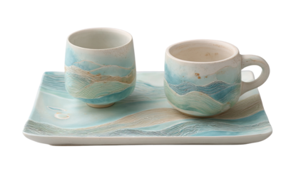 Two small cups and a rectangular tray, decorated with stylized mountains and pale blue-green tones, resting on a light background