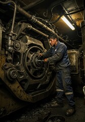 Mechanic repairs complex machinery in a dimly lit industrial setting.