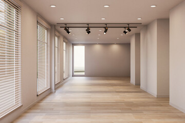 Empty modern room with blinds on glass windows and ceiling spotlight lamps over wooden parquet floor