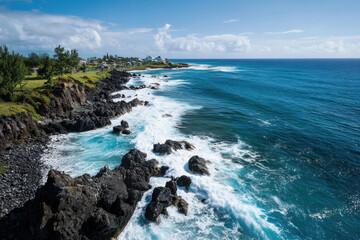 Fototapeta premium Coastal landscape with waves hitting black volcanic rocks