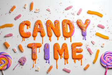 Candy 3D lettering in orange and purple, dripping icing and sprinkles; lollipops and gummy worms on white. Words: Halloween, Trick or Treat, Spooky, Boo!, Creepy, Cute & Creepy, October, Scary Night.