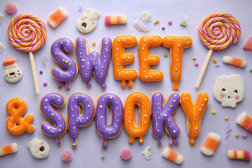 Candy 3D lettering in orange and purple, dripping icing and sprinkles; lollipops and gummy worms on white. Words: Halloween, Trick or Treat, Spooky, Boo!, Creepy, Cute & Creepy, October, Scary Night.