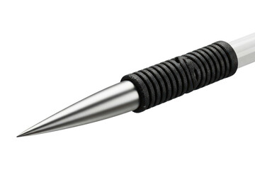 Metal tip of a sports javelin with a black cord grip on a transparent background