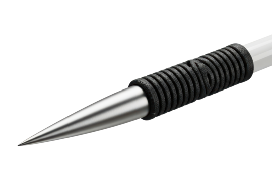 Metal tip of a sports javelin with a black cord grip on a transparent background