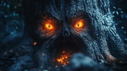 Enigmatic tree face with glowing eyes in dark forest atmosphere