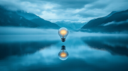 A light bulb floating above a calm lake symbolizing ideas clarity and inspiration representing the illumination of thought reflection and the harmony between creativity and stillness
