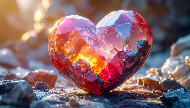 A faceted ruby heart sits on a rough surface, illuminated by warm light