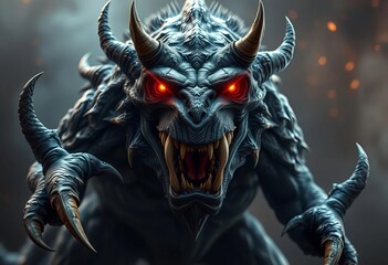 Fototapeta premium Grotesque, clawed beast with glowing eyes, sharp teeth, dark fantasy, spooky