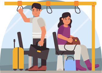A man and a woman are on public transportation