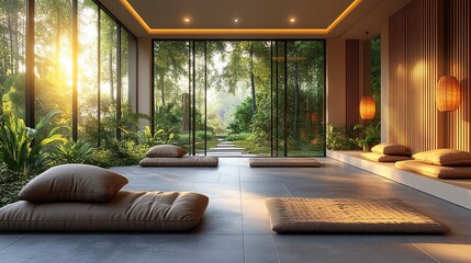 Fototapeta premium Find inner peace in this stunning meditation space with lush garden views, perfect for wellness retreats, mindfulness apps, and serene home design projects