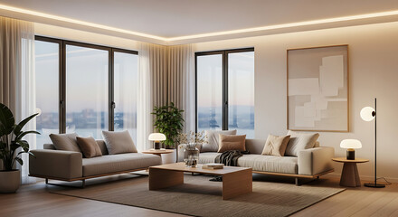 Fototapeta premium Modern Minimalist Living Room Interior with Elegant Furniture, Natural Light, Neutral Tones, Cozy Atmosphere, Wooden Floor, and Contemporary Design for Home Decoration Inspiration 