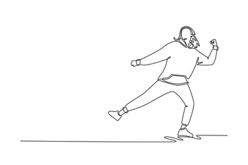 Fototapeta premium Single one line drawing female dancer mid-step, leaning and extending one leg, the fluid, energetic flow of a hip hop or street dance routine. Continuous line draw design graphic vector illustration
