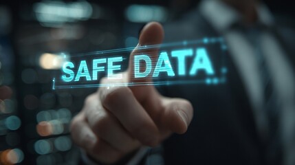 A businessman pointing at a digital display that reads 'Safe Data,' highlighting the importance of data security.