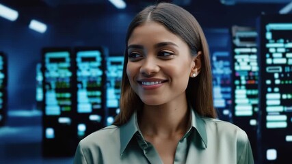 A confident woman smiles in a modern data center, surrounded by technology - Powered by Adobe