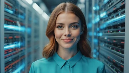 A woman stands confidently in a server room, facing the camera, the blue-lit servers creating a futuristic backdrop - Powered by Adobe