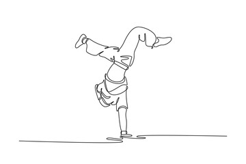 Single one line drawing attractive guy executing demanding, one-handed breakdance freeze, showcasing incredible upper body strength and balance. Continuous line draw design graphic vector illustration