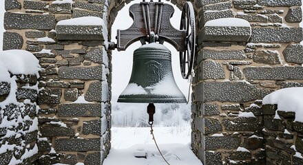 Obraz premium Old Bell in a Stone Archway Covered in Snow During Winter antique historic