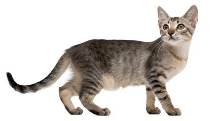 A sleek, tabby-patterned cat stands in profile against a clean white background.