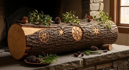 Yule Log with Carved Symbols and Christmas Decorations wood holiday