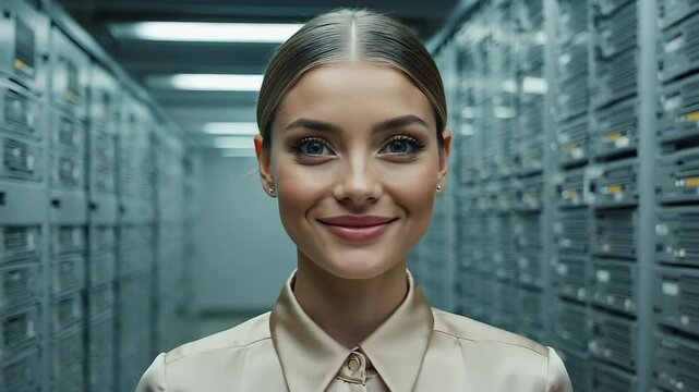 A smiling woman standing in a data center, she is confident and professional. The background contains many servers in rows.
