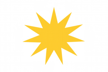 Yellow starburst shape emitting energy, a graphic element for impact, explosion, or sale messages on transparent background