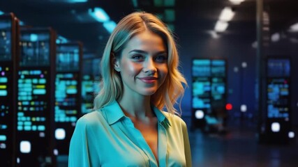 Smiling woman in a data center, surrounded by technology servers and futuristic lights - Powered by Adobe