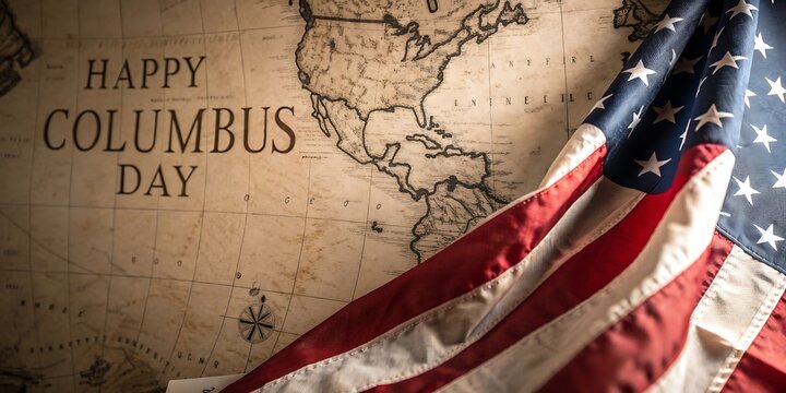 A vintage map of the americas overlaid with a waving american flag celebrating columbus day with a patriotic theme