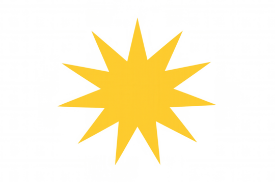 Yellow starburst shape emitting energy, a graphic element for impact, explosion, or sale messages on transparent background