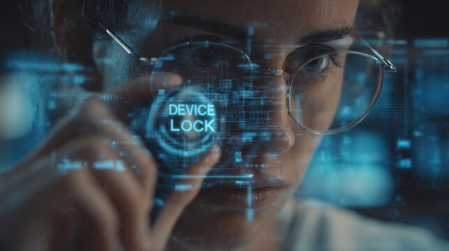 A young woman focused on a digital interface displaying a device lock, showcasing her concentration and technological engagement.