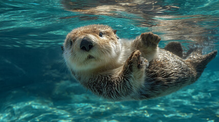A curious otter swimming underwater with its paws up in clear blue water looking at the camera